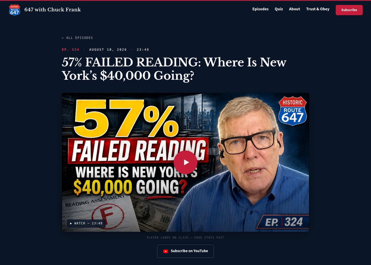 Episode 324 page with the video player: 57 Percent Failed Reading, Where Is New York's 40,000 Going