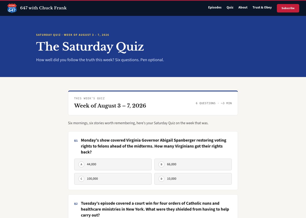 The Saturday Quiz page for the week of August 3 to 7, generated weekly from the show's transcripts